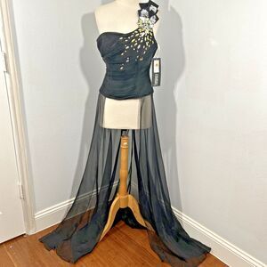 Precious Formals Dress Womens 6 Black One Shoulder Rhinestones Flowy Hoco